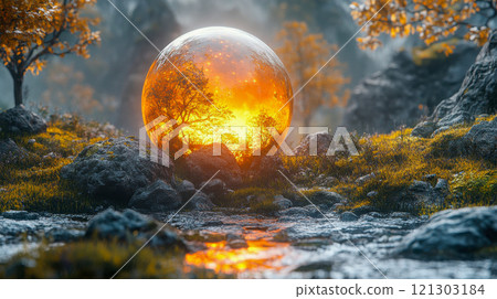 Glowing orb with tree reflections nestled in an autumn forest, blending mystical vibes with natural beauty 121303184