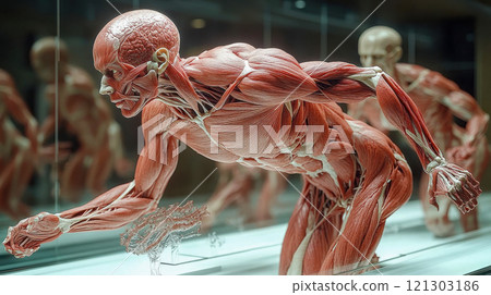 Highly detailed anatomical sculpture showcasing human muscles in motion, a tribute to human anatomy and physiology 121303186