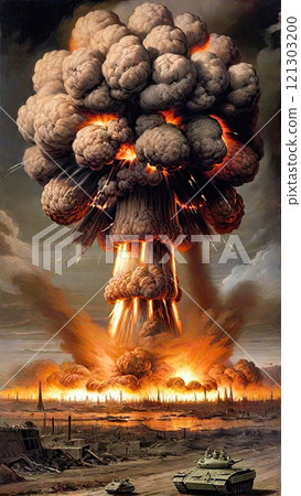 Terrible explosion of a nuclear bomb with a mushroom with road at night. Hydrogen bomb test. Nuclear catastrophe. Way to nuclear war 121303200