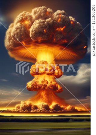 Terrible explosion of a nuclear bomb with a mushroom with road at night. Hydrogen bomb test. Nuclear catastrophe. Way to nuclear war Terrible explosion of a nuclear bomb with a mushroom with road at night. Hydrogen bomb test. Nuclear catastrophe. Way to nuclear war 121303203
