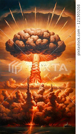 Terrible explosion of a nuclear bomb with a mushroom with road at night. Hydrogen bomb test. Nuclear catastrophe. Way to nuclear war Terrible explosion of a nuclear bomb with a mushroom with road at night. Hydrogen bomb test. Nuclear catastrophe. Way to nuclear war 121303208