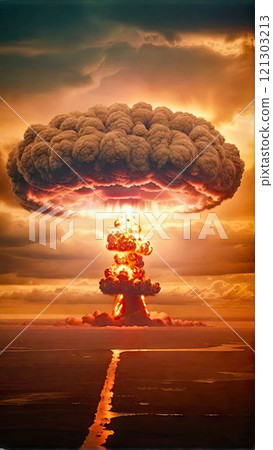 Terrible explosion of a nuclear bomb with a mushroom with road at night. Hydrogen bomb test. Nuclear catastrophe. Way to nuclear war 121303213