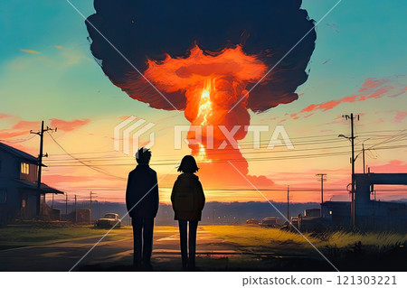 People stand and watch the nuclear detonation of a mushroom-shaped atomic bomb 121303221