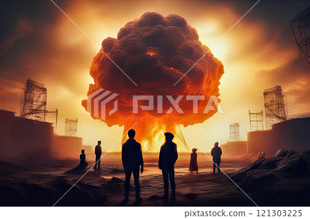 People stand and watch the nuclear detonation of a mushroom-shaped atomic bomb People stand and watch the nuclear detonation of a mushroom-shaped atomic bomb 121303225