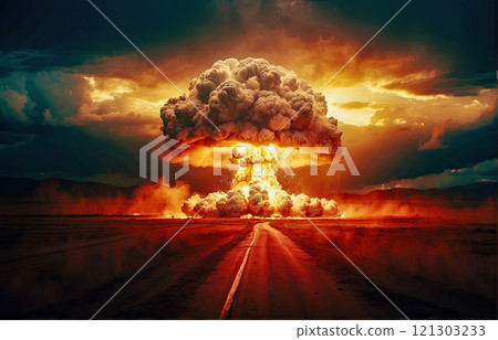 Terrible explosion of a nuclear bomb with a mushroom with road at night. Hydrogen bomb test. Nuclear catastrophe. Way to nuclear war 121303233