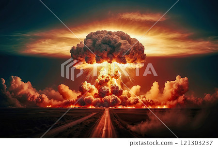 Terrible explosion of a nuclear bomb with a mushroom with road at night. Hydrogen bomb test. Nuclear catastrophe. Way to nuclear war 121303237