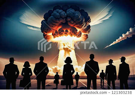People stand and watch the nuclear detonation of a mushroom-shaped atomic bomb People stand and watch the nuclear detonation of a mushroom-shaped atomic bomb 121303238