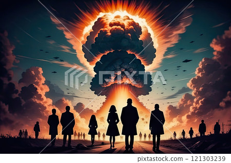 People stand and watch the nuclear detonation of a mushroom-shaped atomic bomb 121303239