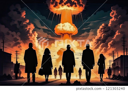 People stand and watch the nuclear detonation of a mushroom-shaped atomic bomb People stand and watch the nuclear detonation of a mushroom-shaped atomic bomb 121303240