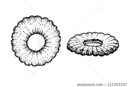 Black and white hand drawn vector illustration of round cookies with a central hole, detailed with intricate texture. Ideal for bakery designs, Christmas holiday themes and food related projects Black and white hand drawn vector illustration of round cookies with a central hole, detailed with intricate texture. Ideal for bakery designs, Christmas holiday themes and food related projects 121303297