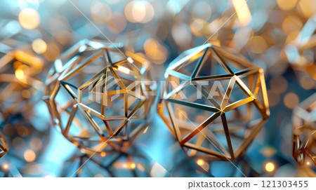3D geometric shapes with reflective surfaces create a captivating play of light 121303455