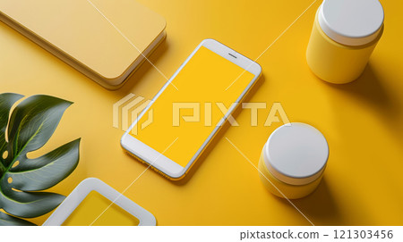 A vibrant workspace featuring a smartphone, jars of beauty products, and stationery in shades A vibrant workspace featuring a smartphone, jars of beauty products, and stationery in shades 121303456