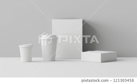 A clean layout displays minimalist white packaging with coffee cups and boxes A clean layout displays minimalist white packaging with coffee cups and boxes 121303458
