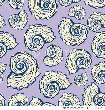 Vector seashell seamless pattern. Hand-drawn oysters and shells isolated on violet background. Tasty food for design, print, fabric, interior or background. 121303534
