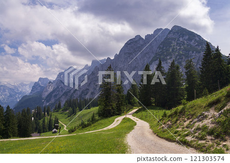 Donnerkogel Mountain in Alps, Gosau, Gmunden district, Upper Austria federal state, sunny summer day 121303574