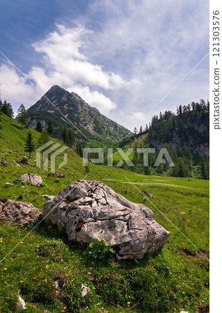 Donnerkogel Mountain in Alps, Gosau, Gmunden district, Upper Austria federal state, sunny summer day Donnerkogel Mountain in Alps, Gosau, Gmunden district, Upper Austria federal state, sunny summer day 121303576