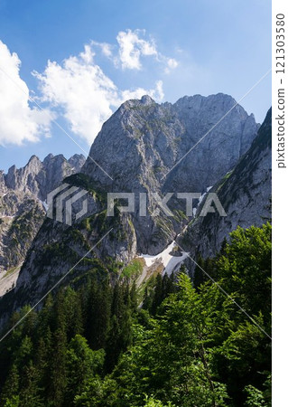 Donnerkogel Mountain in Alps, Gosau, Gmunden district, Upper Austria federal state, sunny summer day 121303580