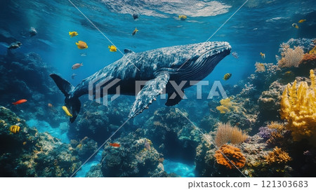 Majestic humpback whale swimming through vibrant coral reef underwater paradise ocean close-up marine life exploration 121303683
