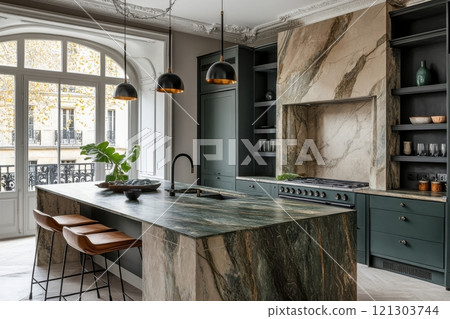 Modern kitchen design featuring striking marble island urban setting interior photography stylish ambiance top view luxury concept 121303744