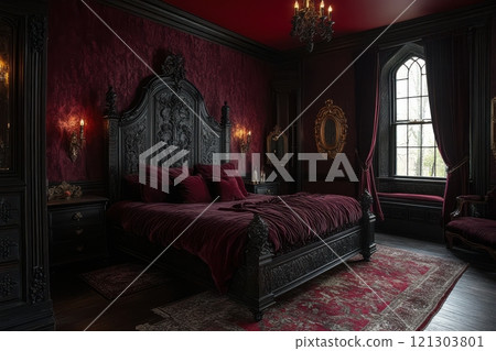 Elegant gothic bedroom design luxurious home interior photography dark ambient environment cozy viewpoint opulent aesthetic 121303801