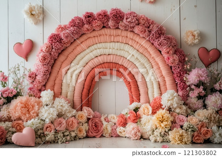 Colorful floral rainbow arrangement indoor studio photography creative decor close-up vibrant and whimsical aesthetic 121303802