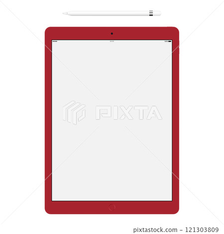 tablet red color and pencil or stylus isolated on white background. vector illustration 121303809