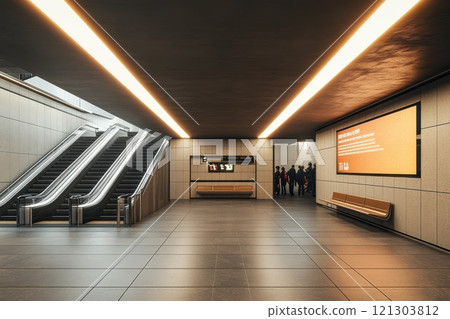 Modern subway station interior urban setting architectural design minimalist environment dynamic perspective 121303812