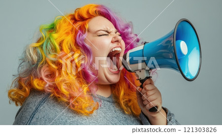 Empowered activist shouting into megaphone studio setting portrait photography vibrant colors close-up social awareness 121303826