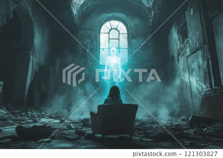 Mystical encounter with a ghostly figure in an abandoned building surreal atmosphere captivating moment 121303827