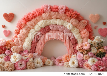 Vibrant floral rainbow installation indoor event space decorative art soft ambiance aesthetic view celebration of colors 121303828