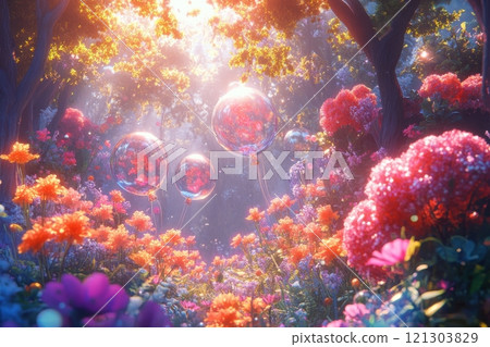 Enchanting forest scene with colorful bubbles serene garden digital art vibrant atmosphere fantasy concept 121303829