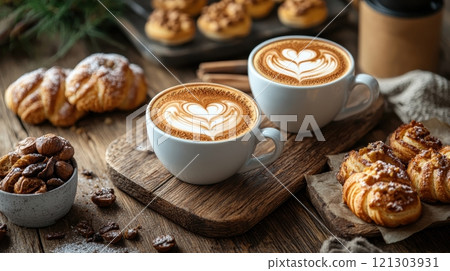 Savoring a cozy coffee moment lattes and pastries at a charming indulgent close-up in a warm atmosphere 121303931