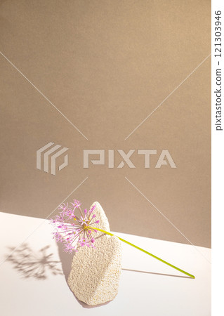 Texture stone and decorative garlic flowers on a white and beige 121303946