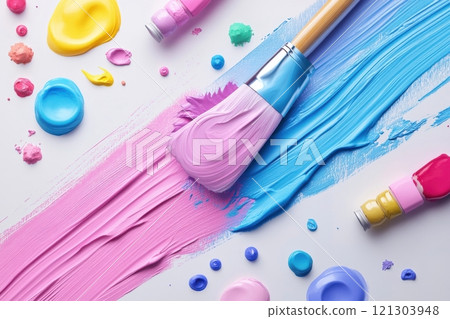 Colorful paint splashes creative studio art supplies bright environment overhead view artistic expression 121303948