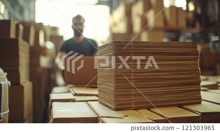 Warehouse worker organizing cardboard boxes industrial facility photography busy environment close-up shot logistics efficiency Warehouse worker organizing cardboard boxes industrial facility photography busy environment close-up shot logistics efficiency 121303965
