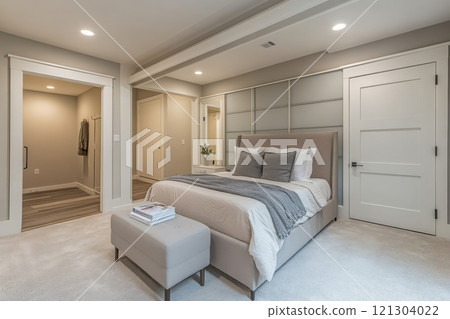 Modern bedroom interior design contemporary house interior photography cozy atmosphere wide angle relaxation concept 121304022