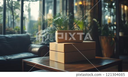 Unboxing eco-friendly packages in a cozy indoor setting a close-up lifestyle experience embracing sustainability 121304085