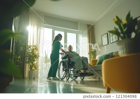Healthcare support for elderly in modern living room residential care lifestyle photography comforting environment warm light 121304098