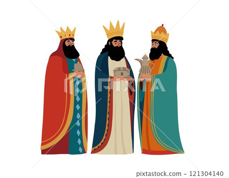 Christmas greeting card, invitation. Biblical Three kings Caspar, Melchior, Balthazar bringing gifts isolated on background. Dia de Reyes holiday. Happy epiphany. Vector illustration. Christianity 121304140