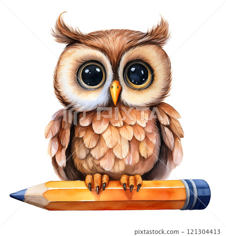 Watercolor drawing of a cute stuffed owl sitting on a pencil Watercolor drawing of a cute stuffed owl sitting on a pencil 121304413