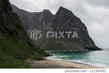 Cloudy skies above Kvalvika beach in Lofoten, Norway 121304582