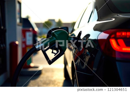 The Car is refueled at a gas station, the fuel pump is inserted into the tank. Gas pump nozzles in the Black car 121304651