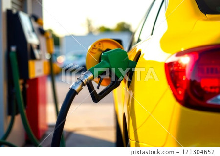 The Car is refueled at a gas station, the fuel pump is inserted into the tank. Gas pump nozzles in the car, Yellow Taxi 121304652