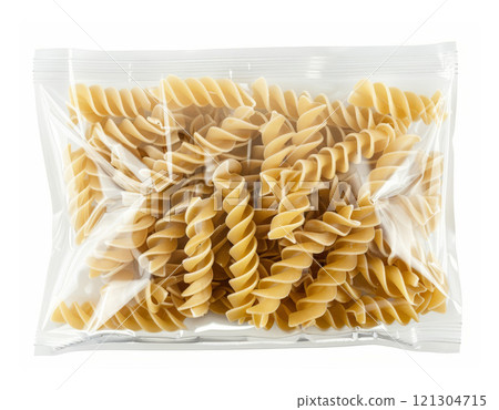 Fusilli pasta in plastic package isolated in white background. With clipping path. Fusilli pasta in plastic package isolated in white background. With clipping path. 121304715