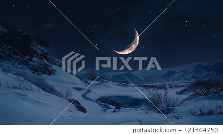 A big crescent moon shining on a snowy mountain A big crescent moon shining on a snowy mountain 121304750