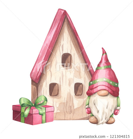 Gnome boy beard in red hat green suit. Christmas Tree, wooden house, gift box. Scandinavian character New Year. Hand draw watercolor illustration isolated background. Xmas greeting cards, invitation. Gnome boy beard in red hat green suit. Christmas Tree, wooden house, gift box. Scandinavian character New Year. Hand draw watercolor illustration isolated background. Xmas greeting cards, invitation. 121304815