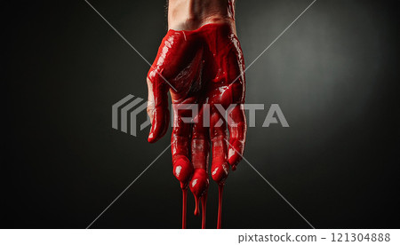 Bloody hands concept, red paint dripping of the palm and fingers, generative ai 121304888