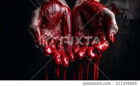 Bloody hands concept, red paint dripping of the palm and fingers, generative ai Bloody hands concept, red paint dripping of the palm and fingers, generative ai 121304889