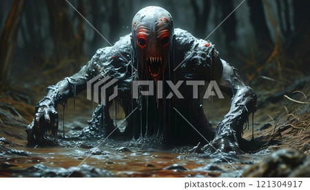 Creepy monster from the dark. Scary illustration. Halloween theme. 121304917