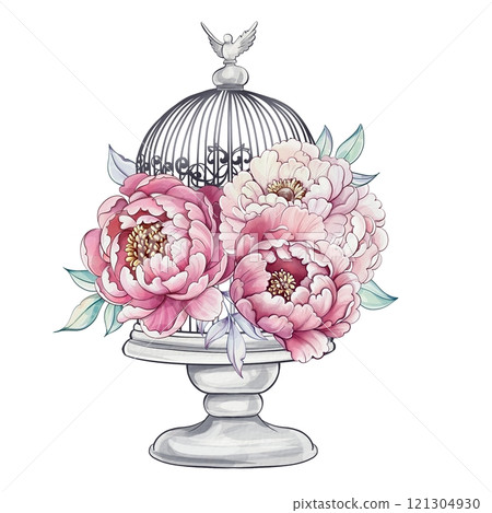 Lush peonies in soft pink hues rest gracefully within a charming birdcage, capturing timeless elegance and tranquility Lush peonies in soft pink hues rest gracefully within a charming birdcage, capturing timeless elegance and tranquility 121304930